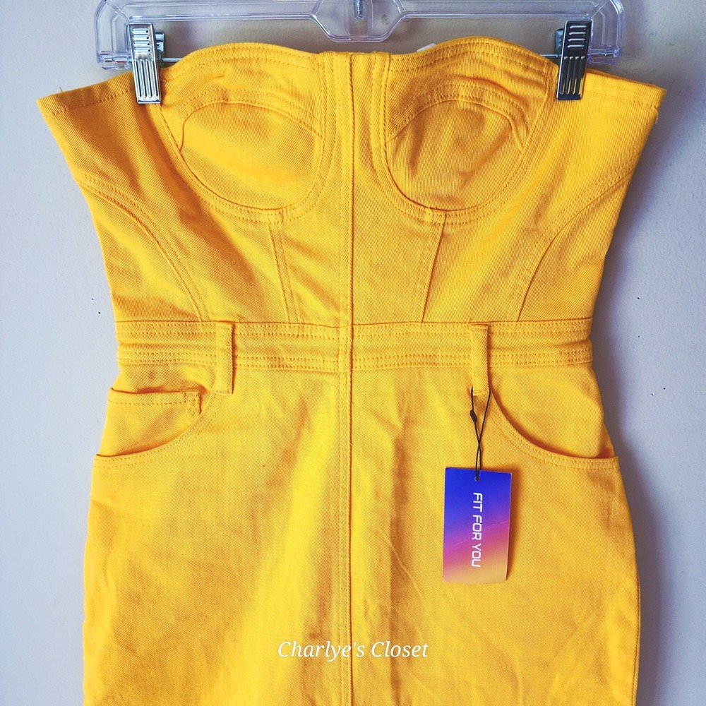 Yellow Denim Strapless Corset Midi Dress Sz. L | Y2K Stretch Denim Revival‎ - Picture 3 of 11
